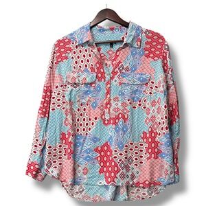 Talbots Woman Petites 1XP Geometric Popover Blouse‎ Rayon Red Blue Boho Print